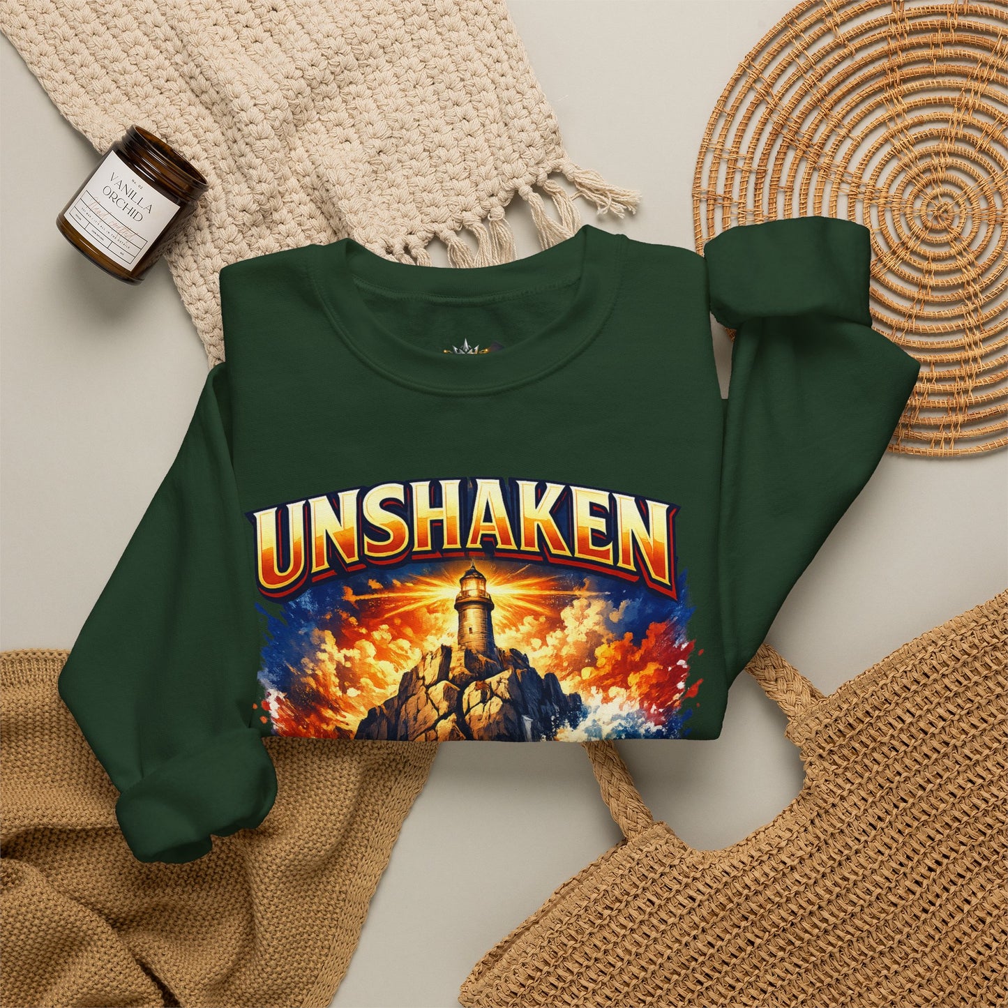 Unshaken Lighthouse Crewneck Sweatshirt — Inspirational Nautical Graphic