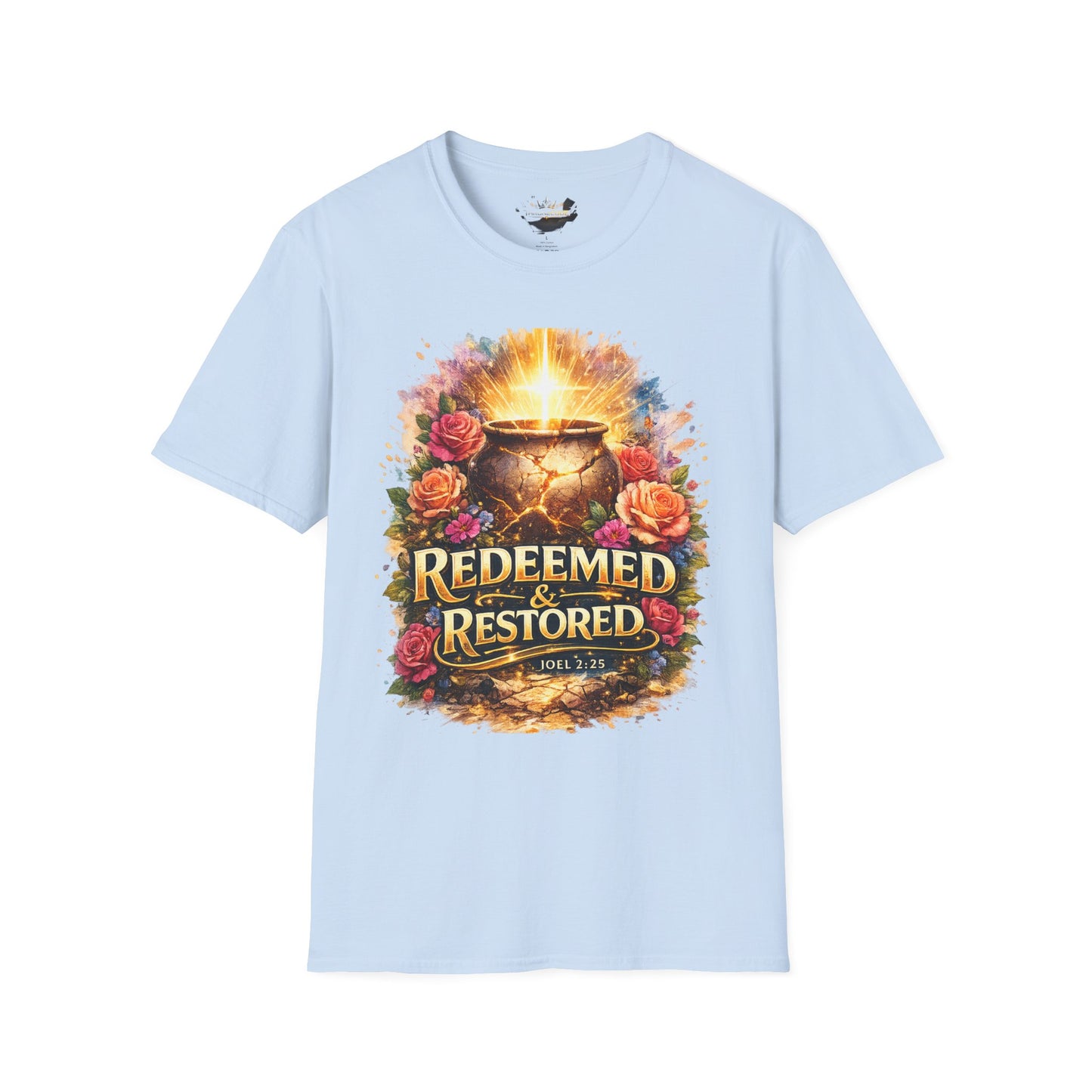 T-Shirt — "Redeemed & Restored" Glowing Cauldron Floral Graphic