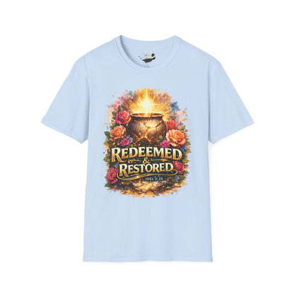 T-Shirt — "Redeemed & Restored" Glowing Cauldron Floral Graphic