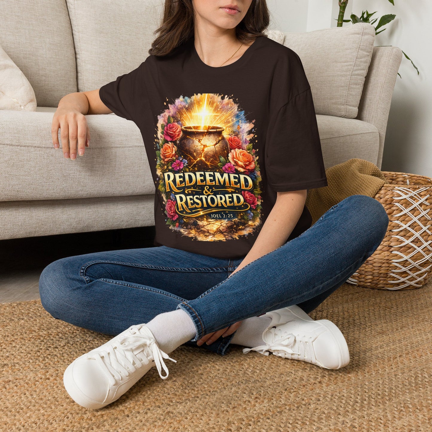 T-Shirt — "Redeemed & Restored" Glowing Cauldron Floral Graphic