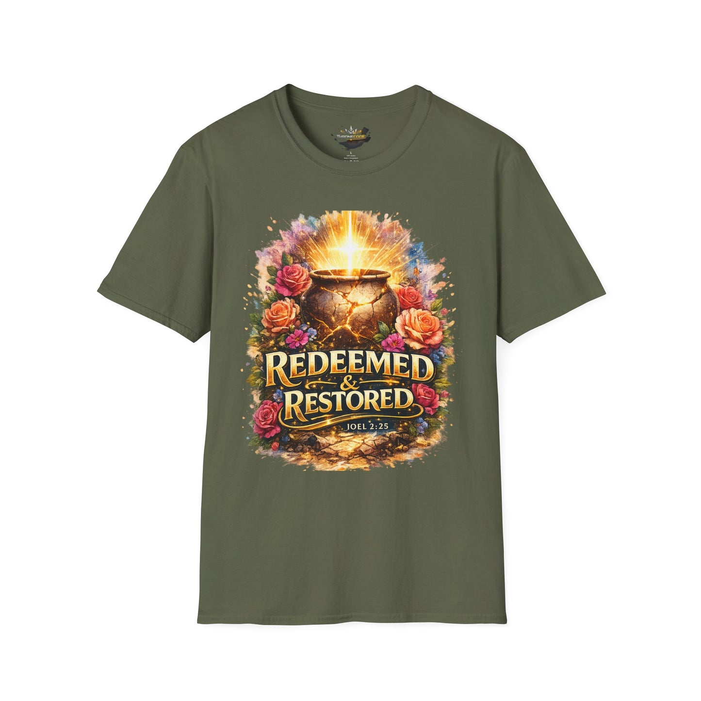 T-Shirt — "Redeemed & Restored" Glowing Cauldron Floral Graphic