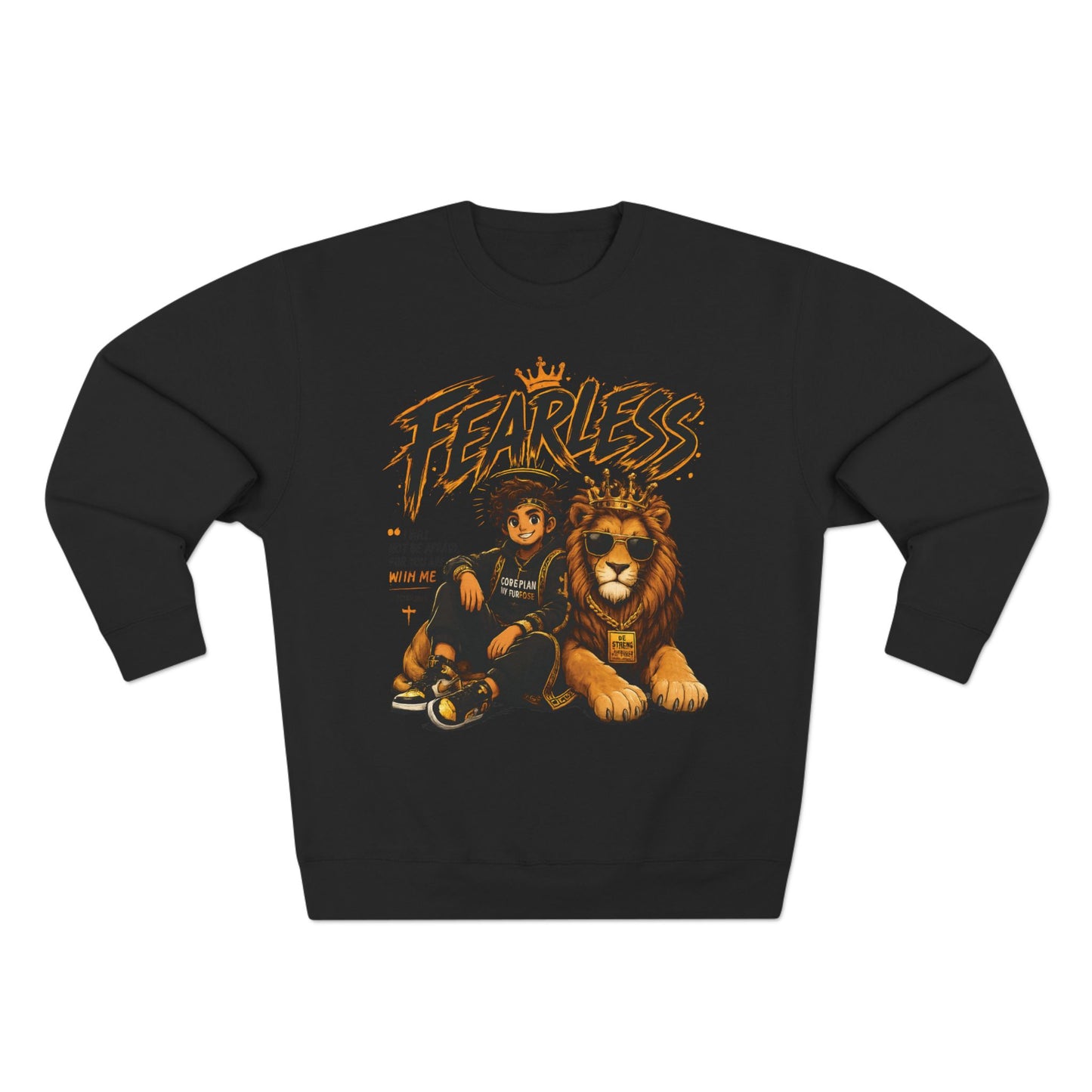 Fearless Lion Crewneck Sweatshirt — "Be Strong and Courageous" Inspirational Graphic