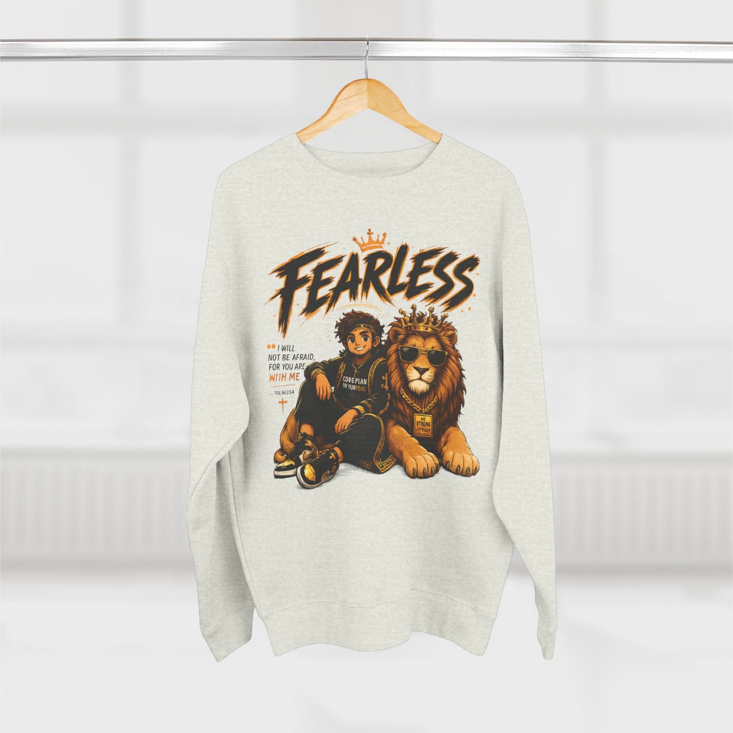 Fearless Lion Crewneck Sweatshirt — "Be Strong and Courageous" Inspirational Graphic