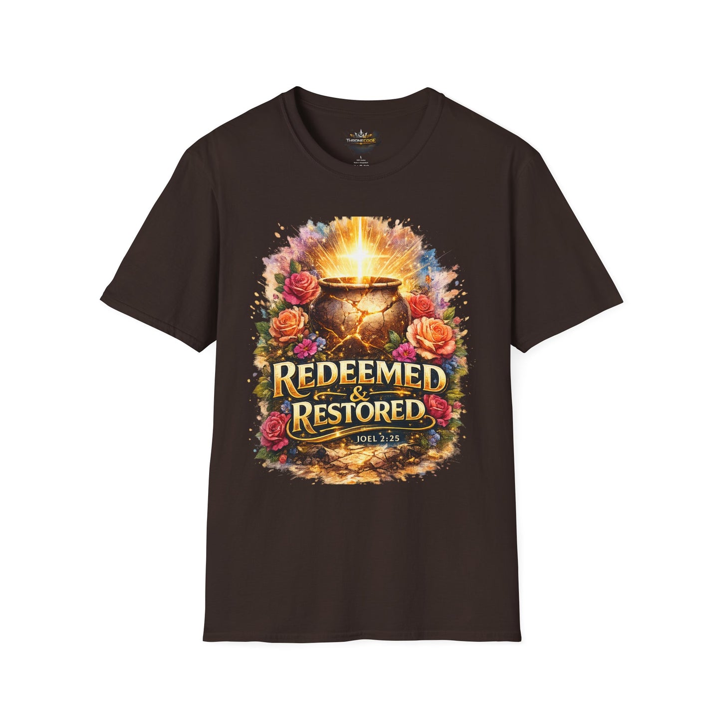 T-Shirt — "Redeemed & Restored" Glowing Cauldron Floral Graphic