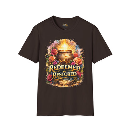 T-Shirt — "Redeemed & Restored" Glowing Cauldron Floral Graphic