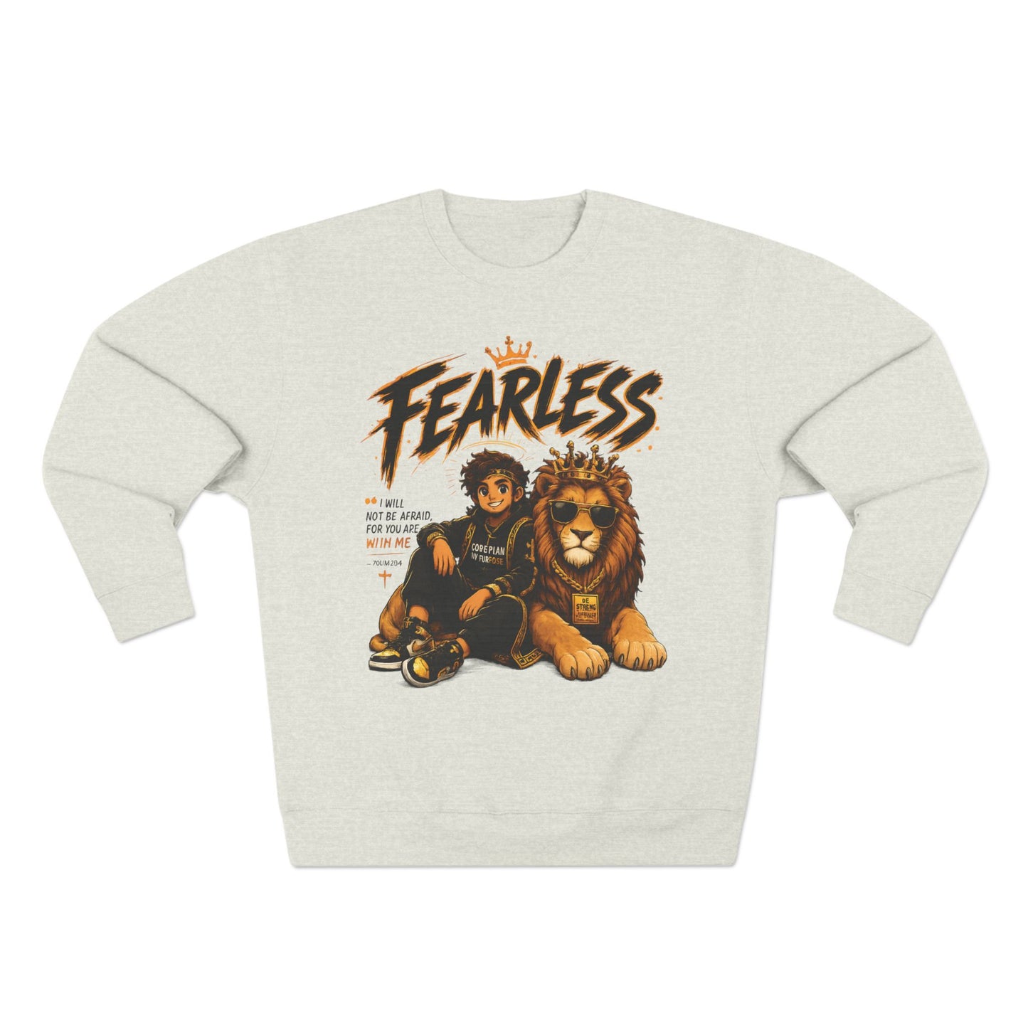 Fearless Lion Crewneck Sweatshirt — "Be Strong and Courageous" Inspirational Graphic