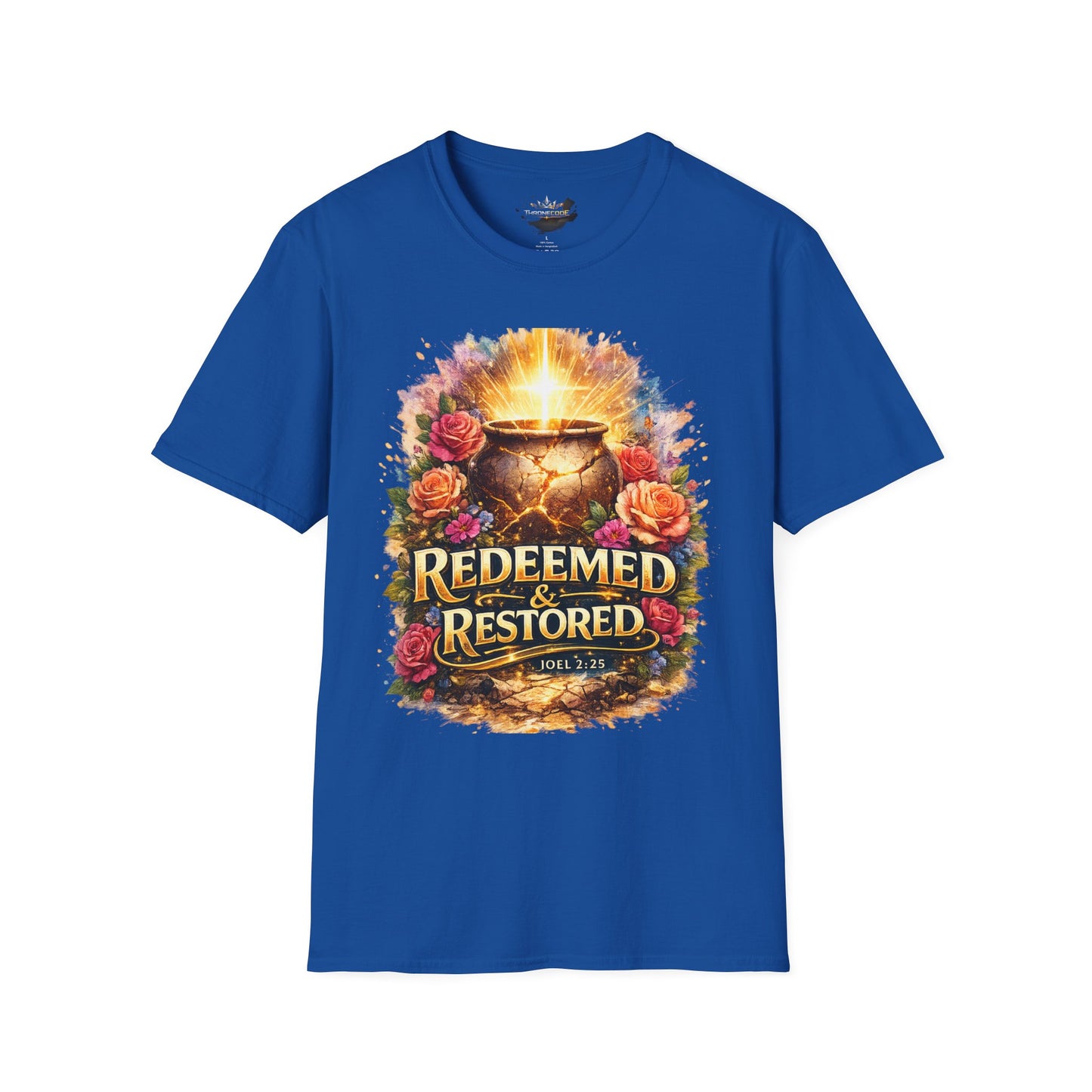 T-Shirt — "Redeemed & Restored" Glowing Cauldron Floral Graphic