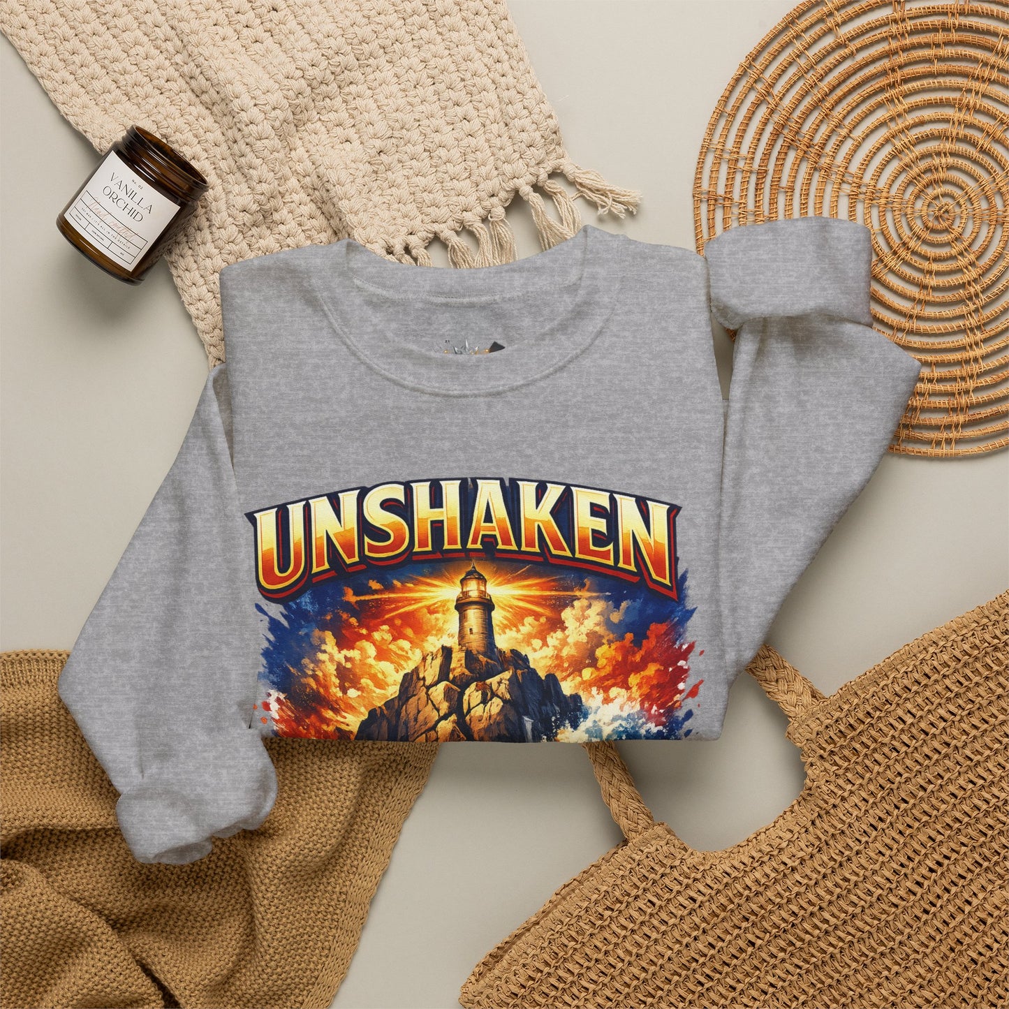 Unshaken Lighthouse Crewneck Sweatshirt — Inspirational Nautical Graphic