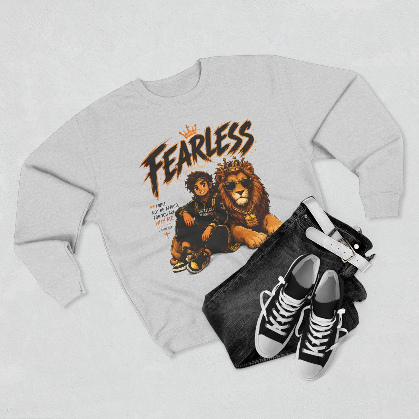 Fearless Lion Crewneck Sweatshirt — "Be Strong and Courageous" Inspirational Graphic
