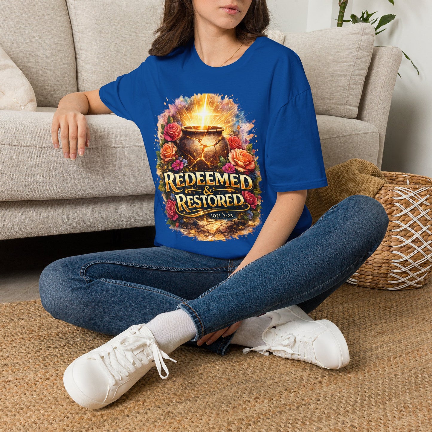 T-Shirt — "Redeemed & Restored" Glowing Cauldron Floral Graphic