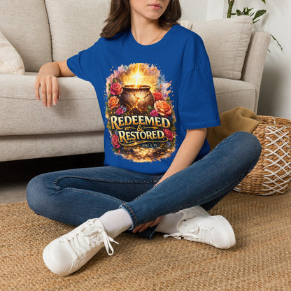 T-Shirt — "Redeemed & Restored" Glowing Cauldron Floral Graphic