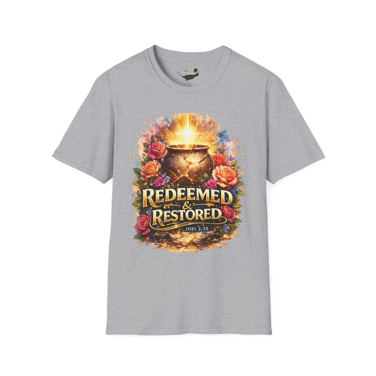 T-Shirt — "Redeemed & Restored" Glowing Cauldron Floral Graphic