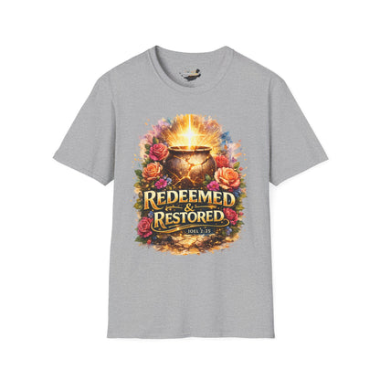 T-Shirt — "Redeemed & Restored" Glowing Cauldron Floral Graphic