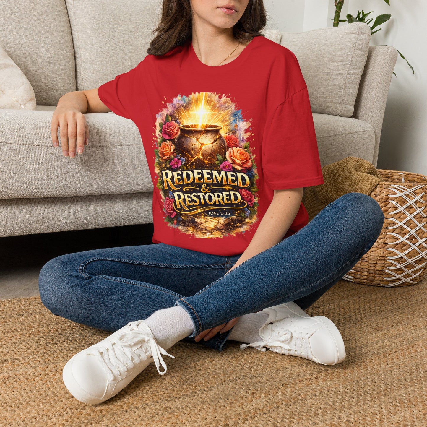 T-Shirt — "Redeemed & Restored" Glowing Cauldron Floral Graphic