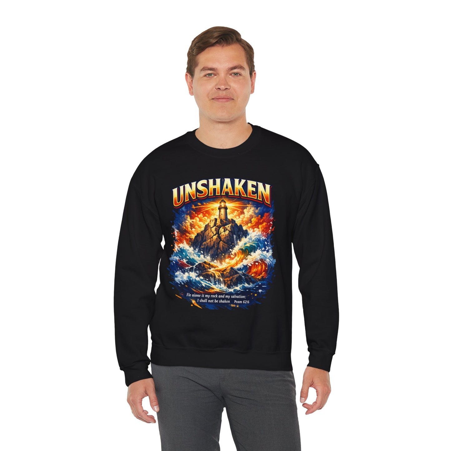 Unshaken Lighthouse Crewneck Sweatshirt — Inspirational Nautical Graphic