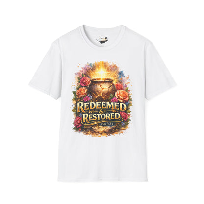 T-Shirt — "Redeemed & Restored" Glowing Cauldron Floral Graphic