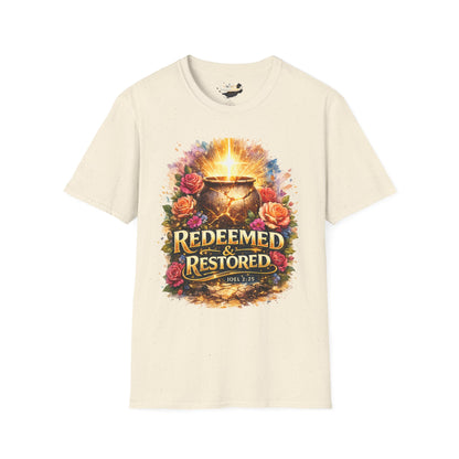 T-Shirt — "Redeemed & Restored" Glowing Cauldron Floral Graphic