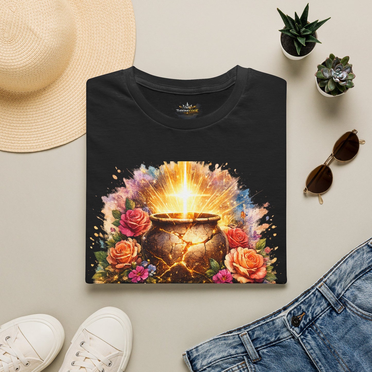 T-Shirt — "Redeemed & Restored" Glowing Cauldron Floral Graphic
