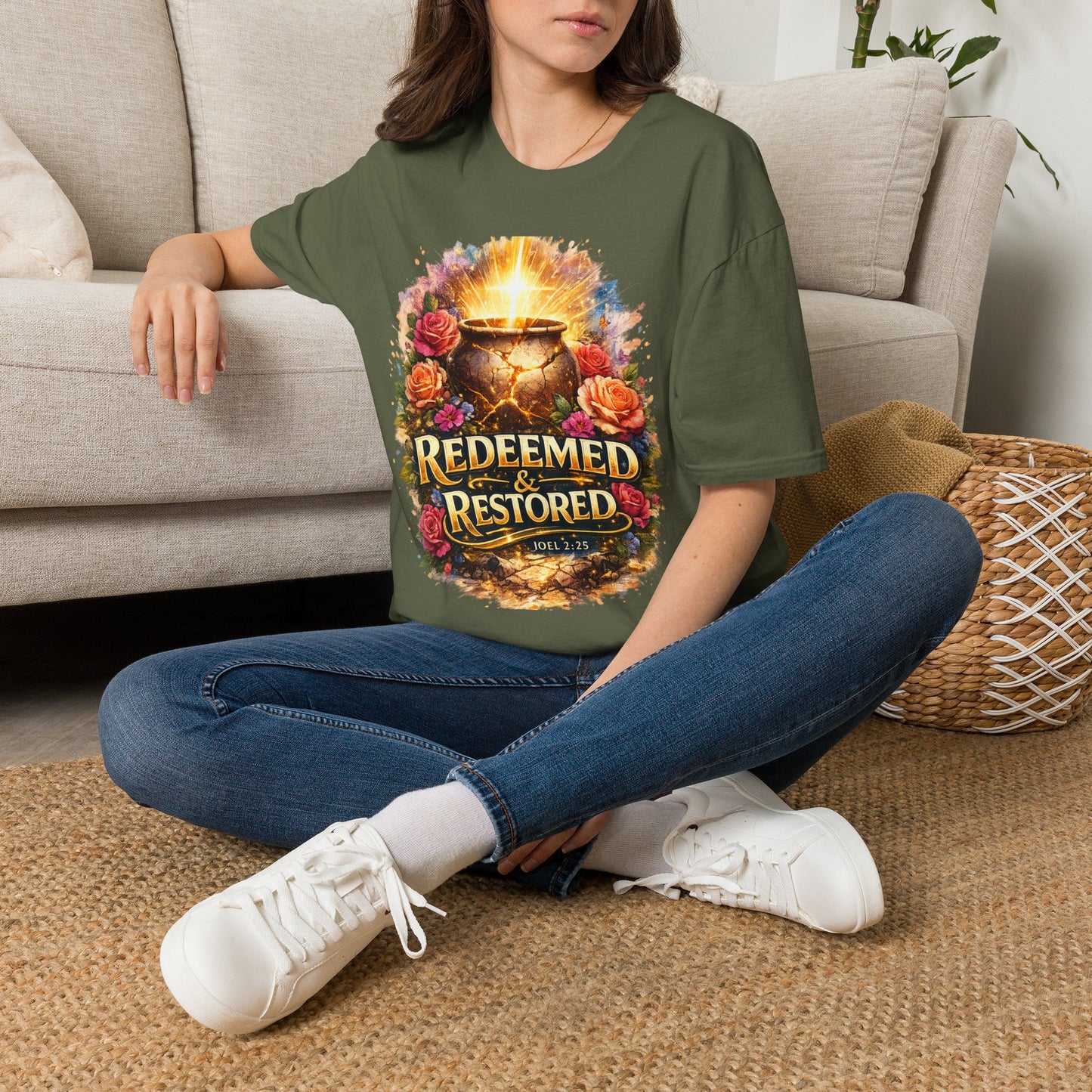 T-Shirt — "Redeemed & Restored" Glowing Cauldron Floral Graphic
