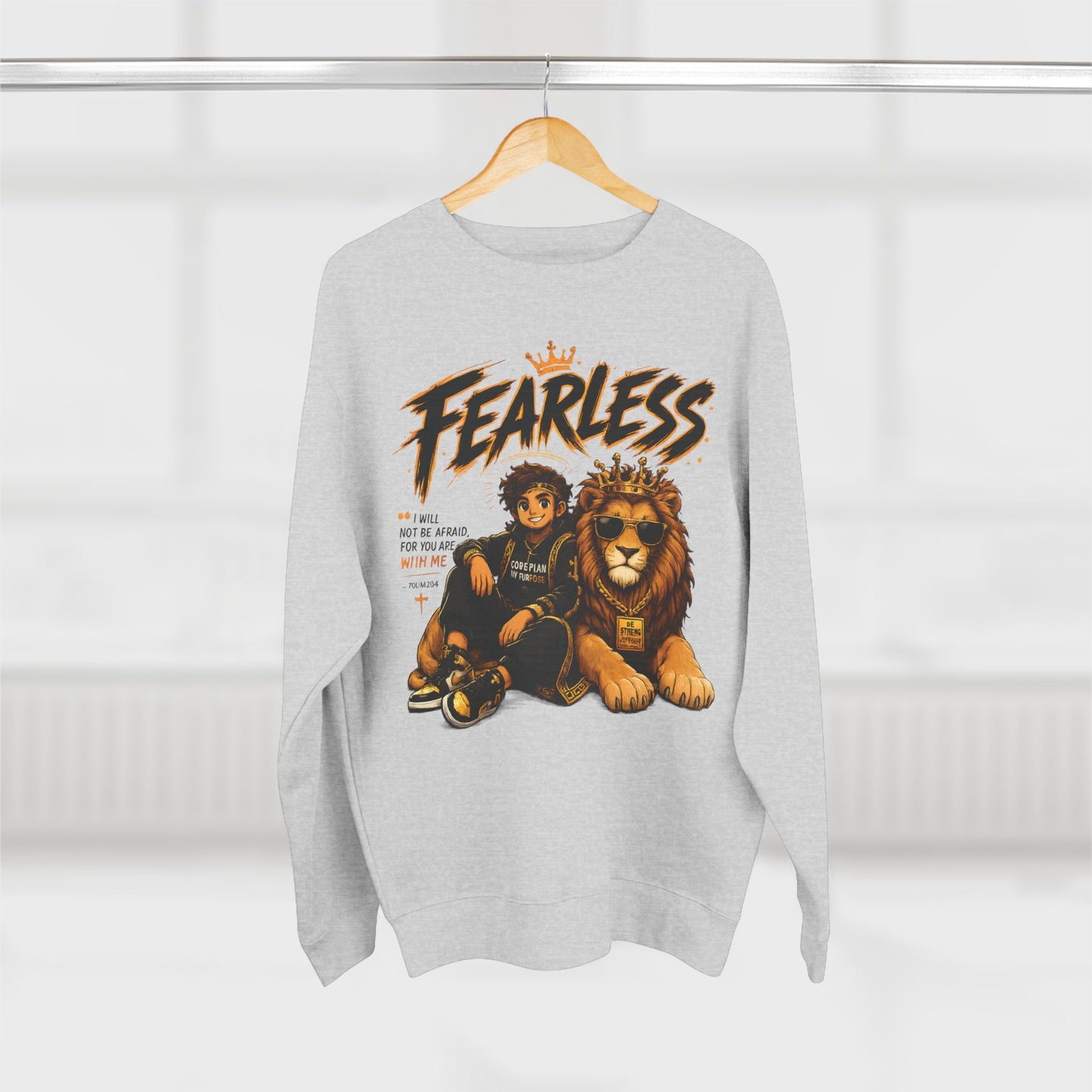 Fearless Lion Crewneck Sweatshirt — "Be Strong and Courageous" Inspirational Graphic