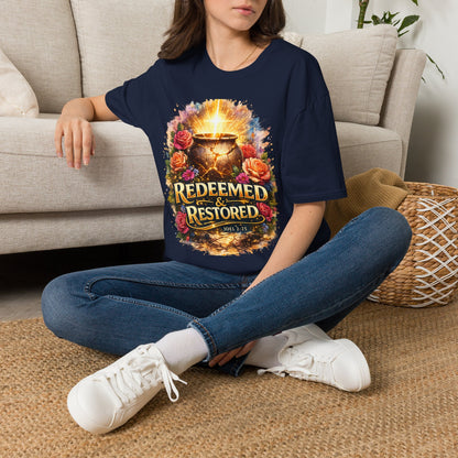T-Shirt — "Redeemed & Restored" Glowing Cauldron Floral Graphic