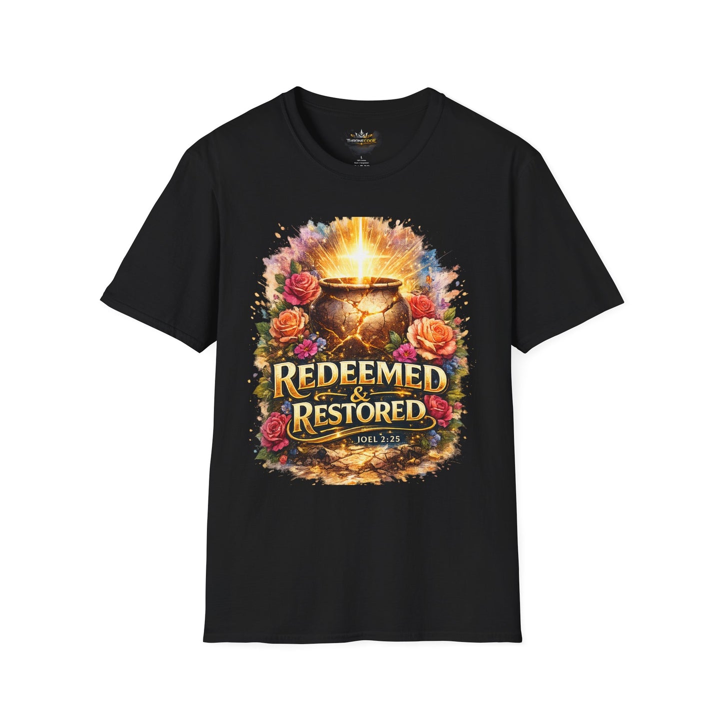 T-Shirt — "Redeemed & Restored" Glowing Cauldron Floral Graphic