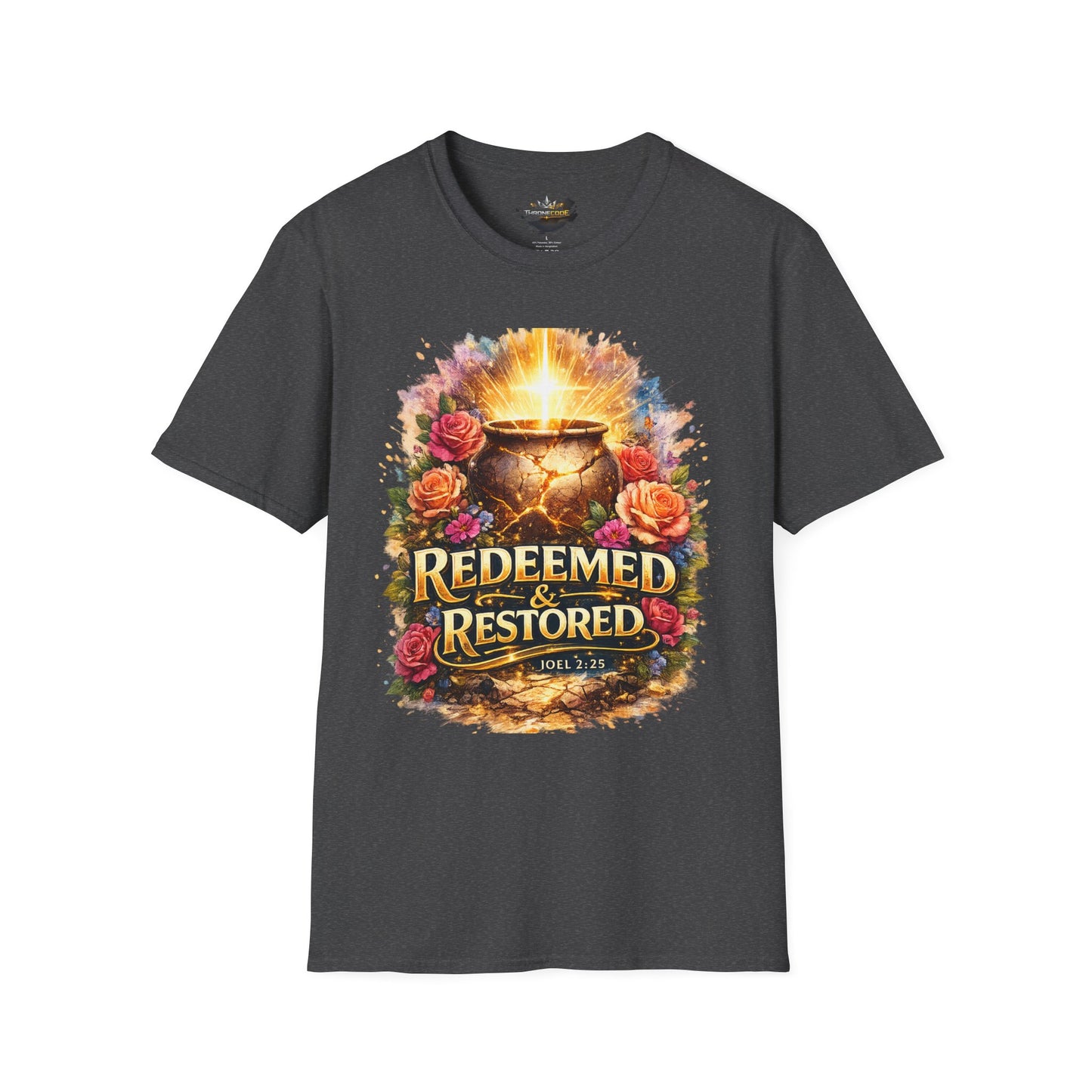 T-Shirt — "Redeemed & Restored" Glowing Cauldron Floral Graphic