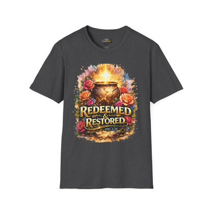 T-Shirt — "Redeemed & Restored" Glowing Cauldron Floral Graphic