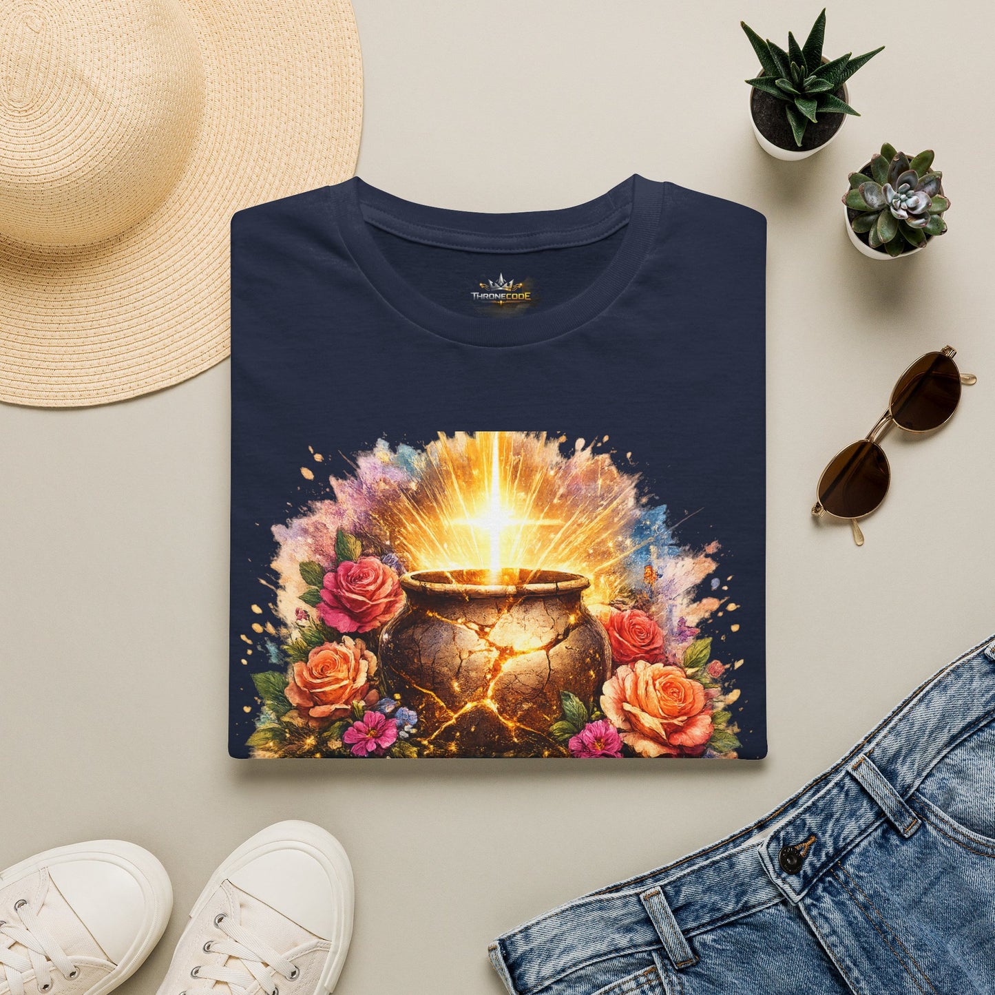 T-Shirt — "Redeemed & Restored" Glowing Cauldron Floral Graphic