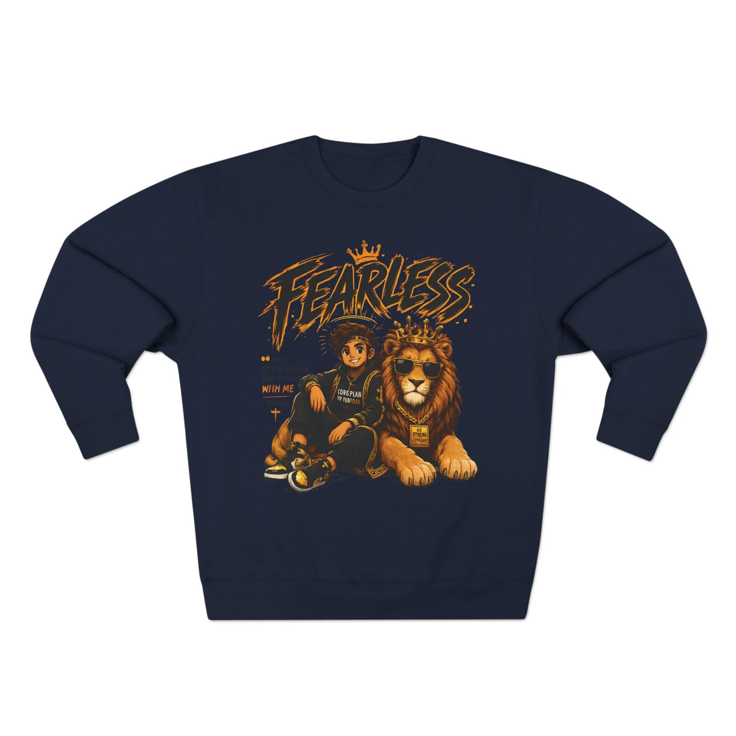 Fearless Lion Crewneck Sweatshirt — "Be Strong and Courageous" Inspirational Graphic
