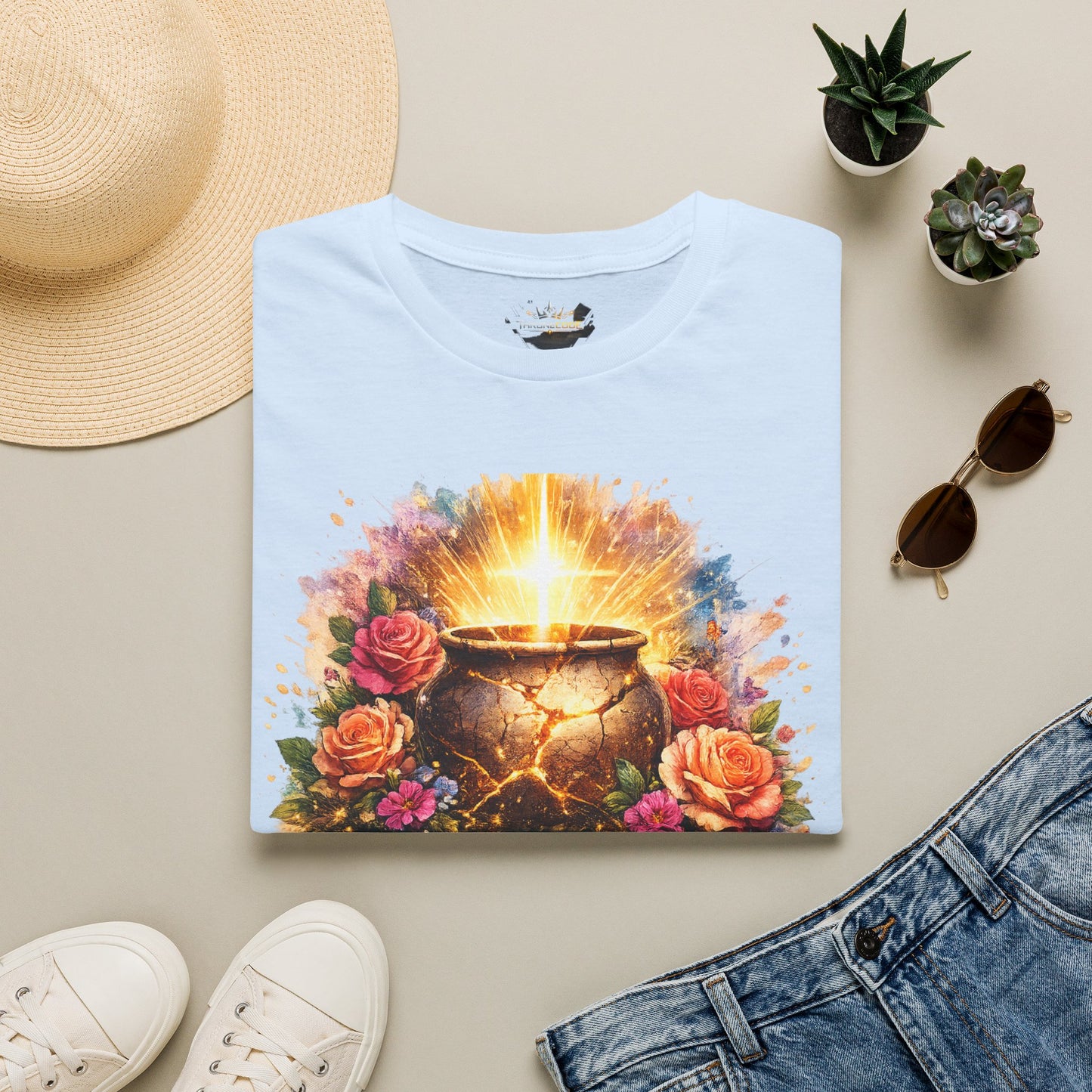 T-Shirt — "Redeemed & Restored" Glowing Cauldron Floral Graphic