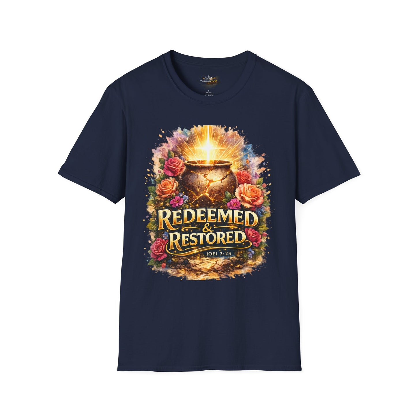 T-Shirt — "Redeemed & Restored" Glowing Cauldron Floral Graphic