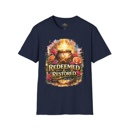 T-Shirt — "Redeemed & Restored" Glowing Cauldron Floral Graphic