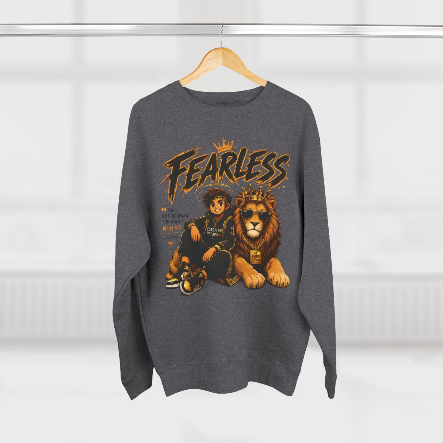 Fearless Lion Crewneck Sweatshirt — "Be Strong and Courageous" Inspirational Graphic