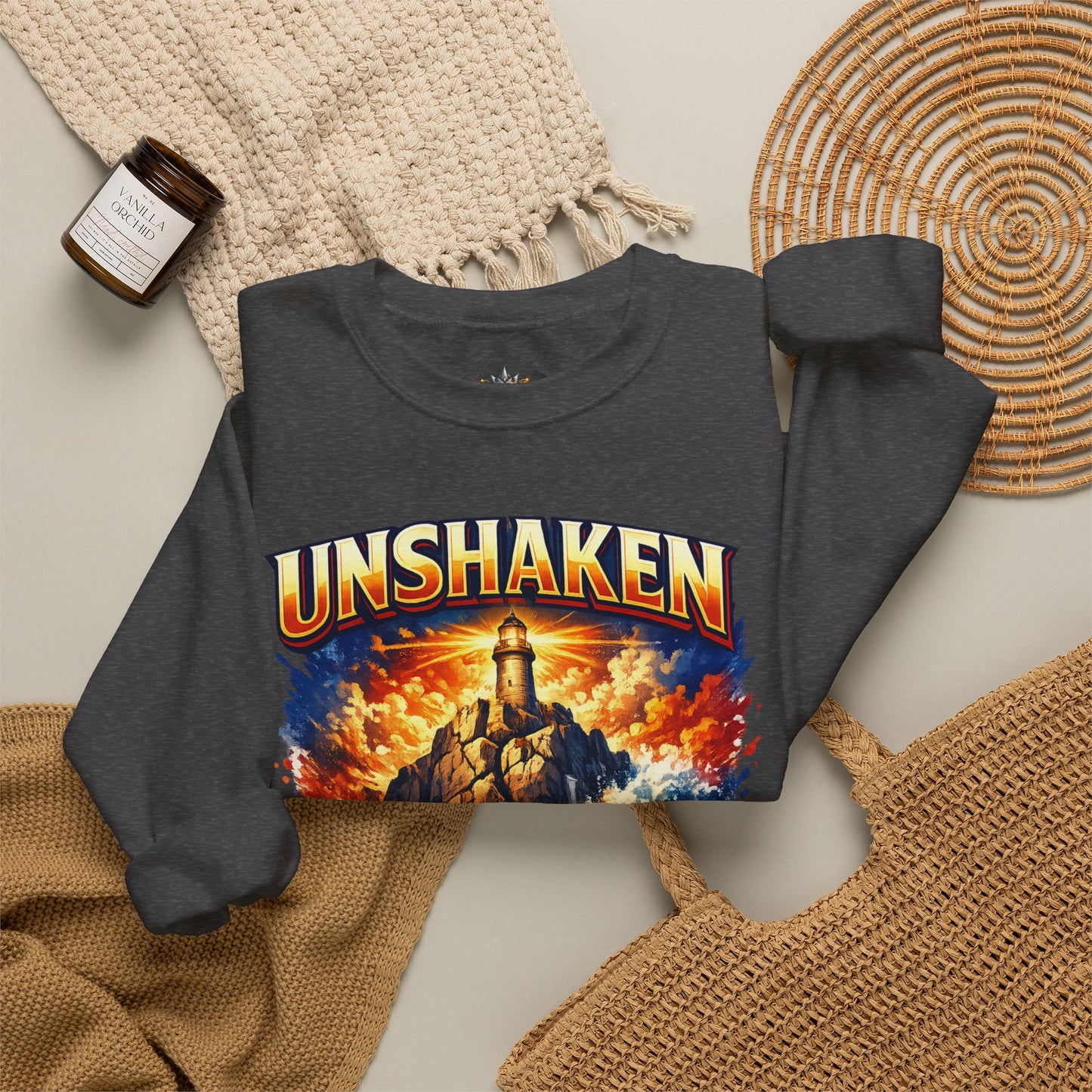Unshaken Lighthouse Crewneck Sweatshirt — Inspirational Nautical Graphic