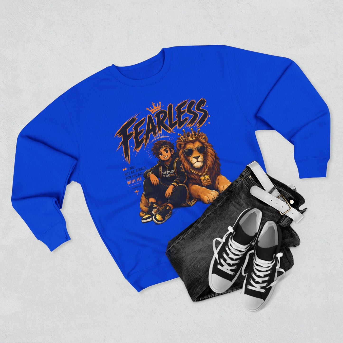 Fearless Lion Crewneck Sweatshirt — "Be Strong and Courageous" Inspirational Graphic