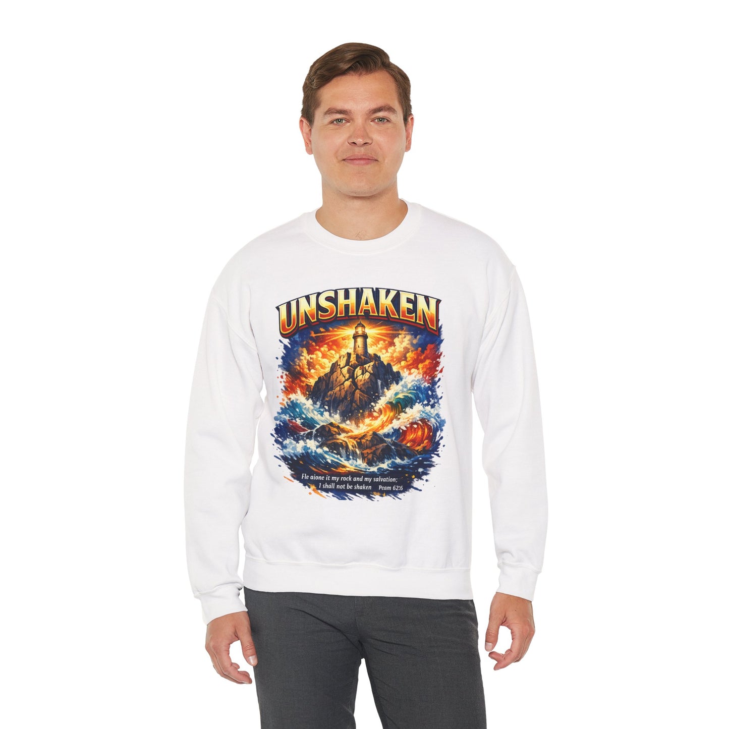 Unshaken Lighthouse Crewneck Sweatshirt — Inspirational Nautical Graphic