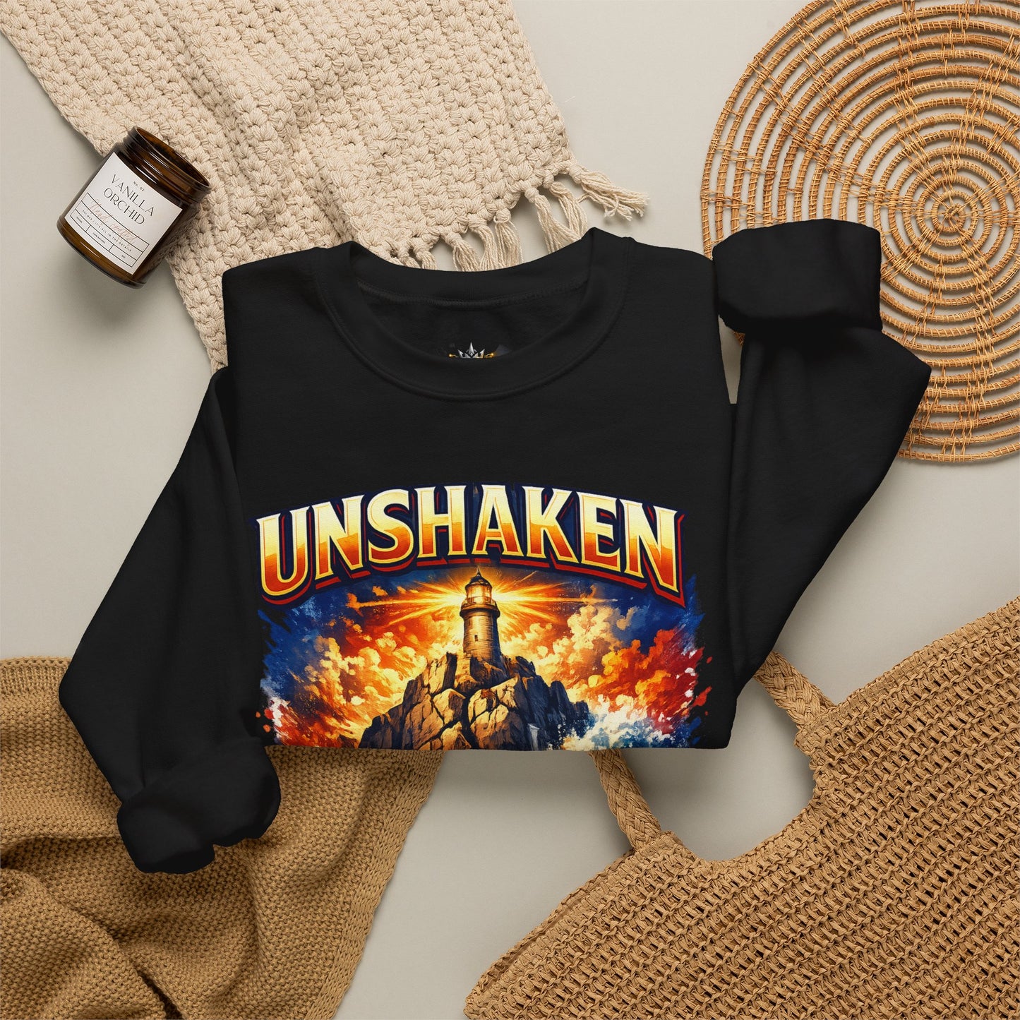 Unshaken Lighthouse Crewneck Sweatshirt — Inspirational Nautical Graphic