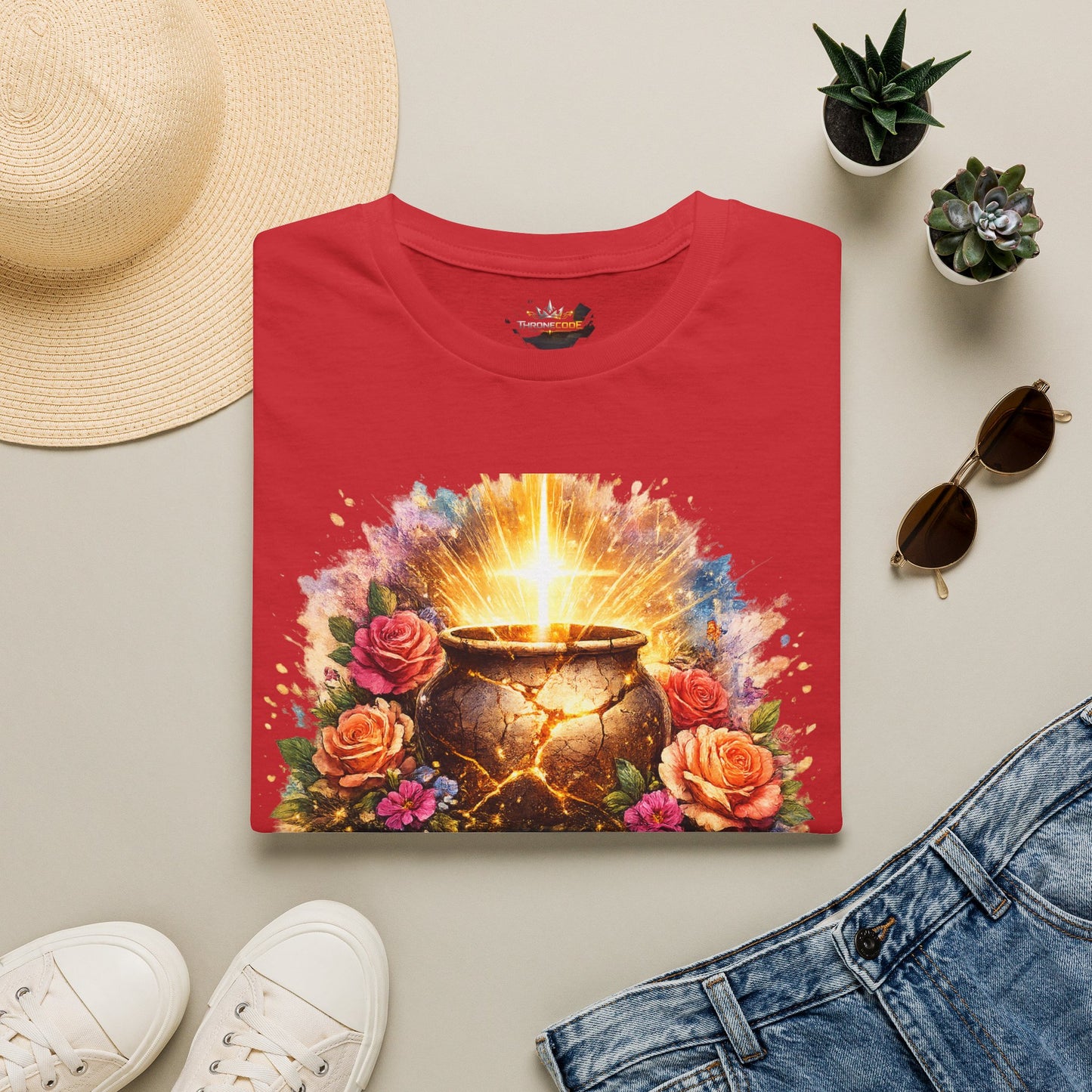 T-Shirt — "Redeemed & Restored" Glowing Cauldron Floral Graphic