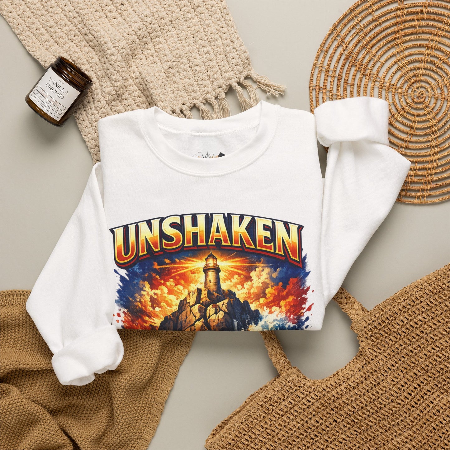 Unshaken Lighthouse Crewneck Sweatshirt — Inspirational Nautical Graphic