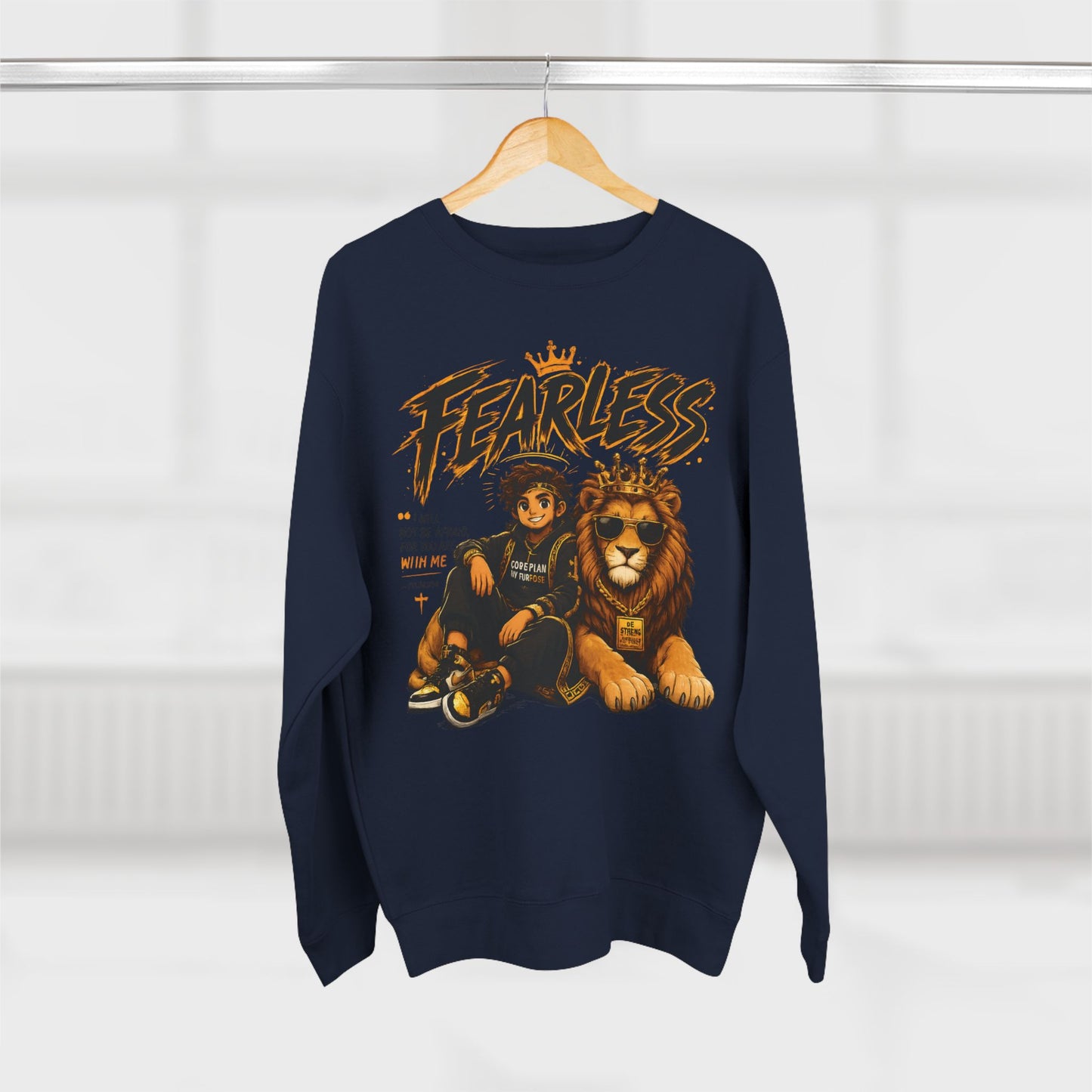 Fearless Lion Crewneck Sweatshirt — "Be Strong and Courageous" Inspirational Graphic
