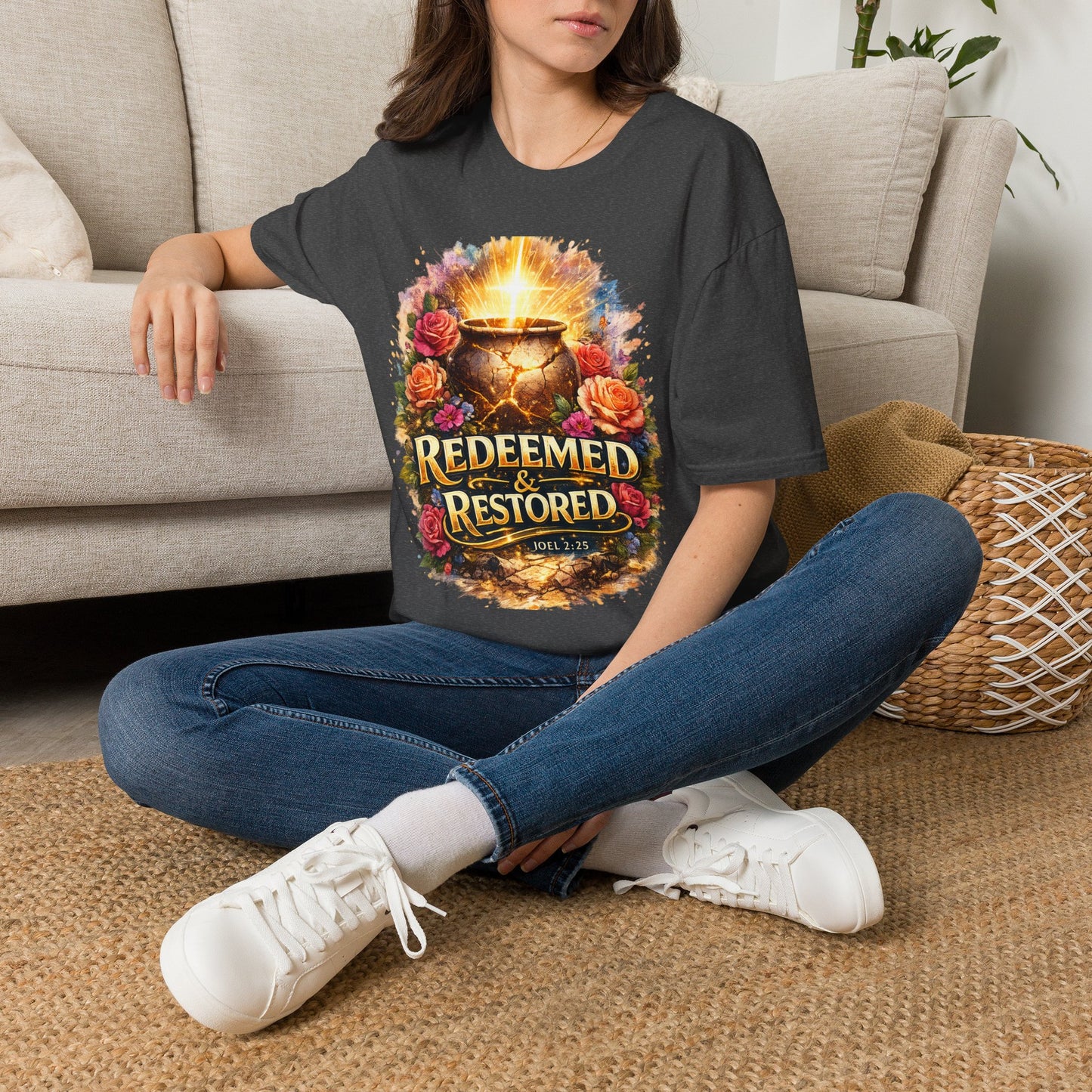T-Shirt — "Redeemed & Restored" Glowing Cauldron Floral Graphic