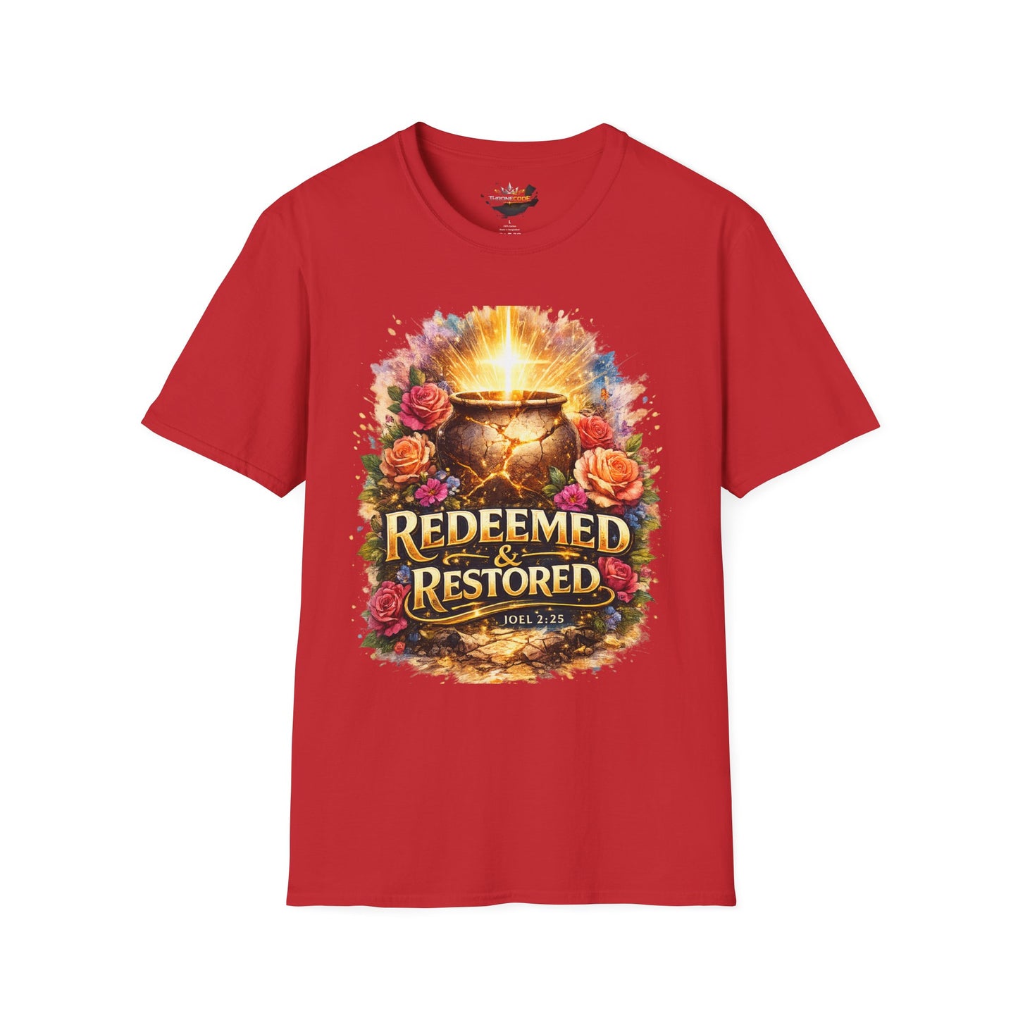 T-Shirt — "Redeemed & Restored" Glowing Cauldron Floral Graphic