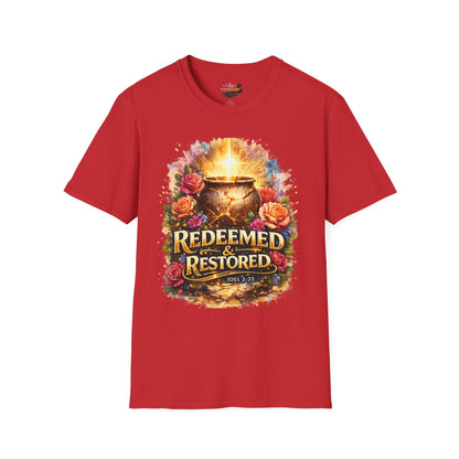 T-Shirt — "Redeemed & Restored" Glowing Cauldron Floral Graphic