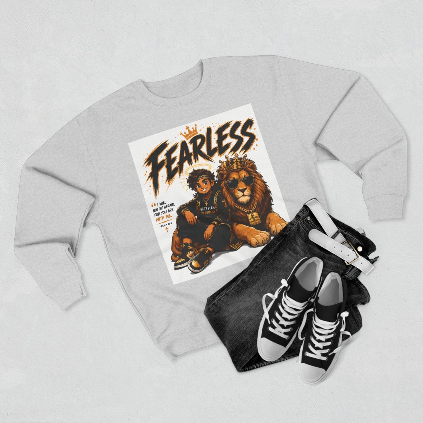 Fearless Lion Crewneck Sweatshirt — "Be Strong and Courageous" Inspirational Graphic