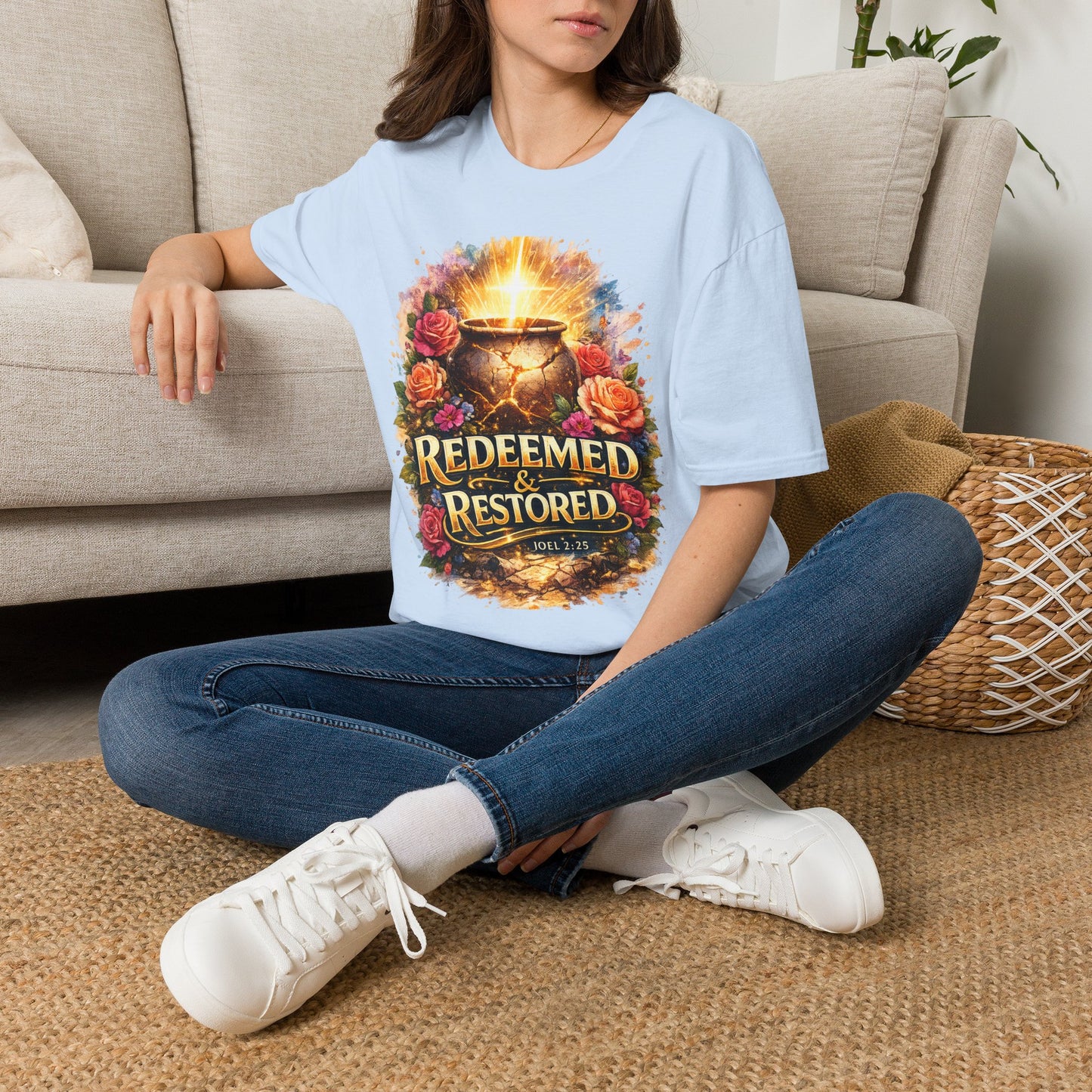 T-Shirt — "Redeemed & Restored" Glowing Cauldron Floral Graphic