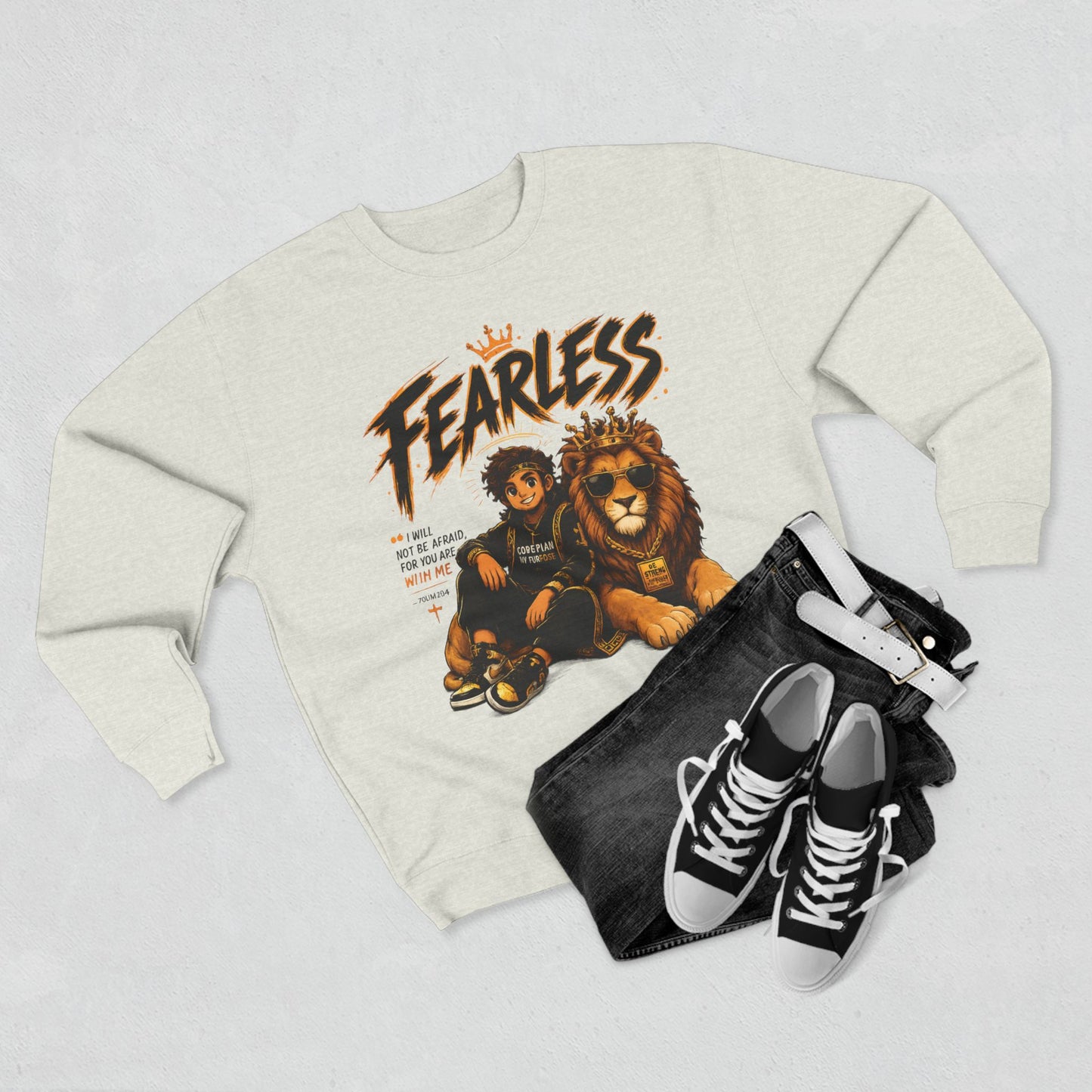 Fearless Lion Crewneck Sweatshirt — "Be Strong and Courageous" Inspirational Graphic